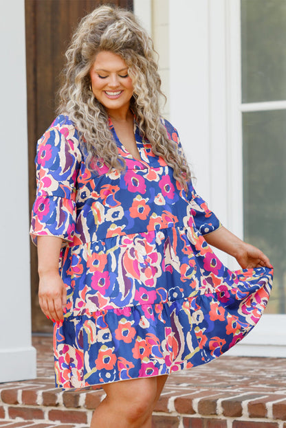 Blue Plus Size Floral Print Bell Sleeve Mini Dress - Eloy Royal