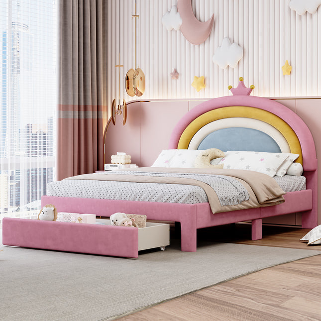 Full Size Upholstered Rainbow Design Bed, Velvet Princess Platform Bed with Storage Drawer, No Box-spring Needed,Colorful&Pink(Old SKU:N733P234609H)