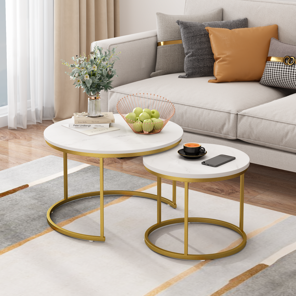 27.6in Nesting Coffee Table Set of 2, Round Coffee Table Wood Marble Pattern Top with Sturdy Metal Frame, End Table Side Tables for Living Room Bedroom Balcony Yard (White)