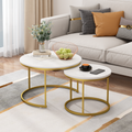 27.6in Nesting Coffee Table Set of 2, Round Coffee Table Wood Marble Pattern Top with Sturdy Metal Frame, End Table Side Tables for Living Room Bedroom Balcony Yard (White)
