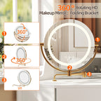 Corner Makeup Vanity Desk With Mirror & LED Lights, Modern Vanity Set With Mirror And Stool, Dressing Table With Large Storage For Small Place, Brightness Adjustable Folding Mirror, White - Eloy Royal