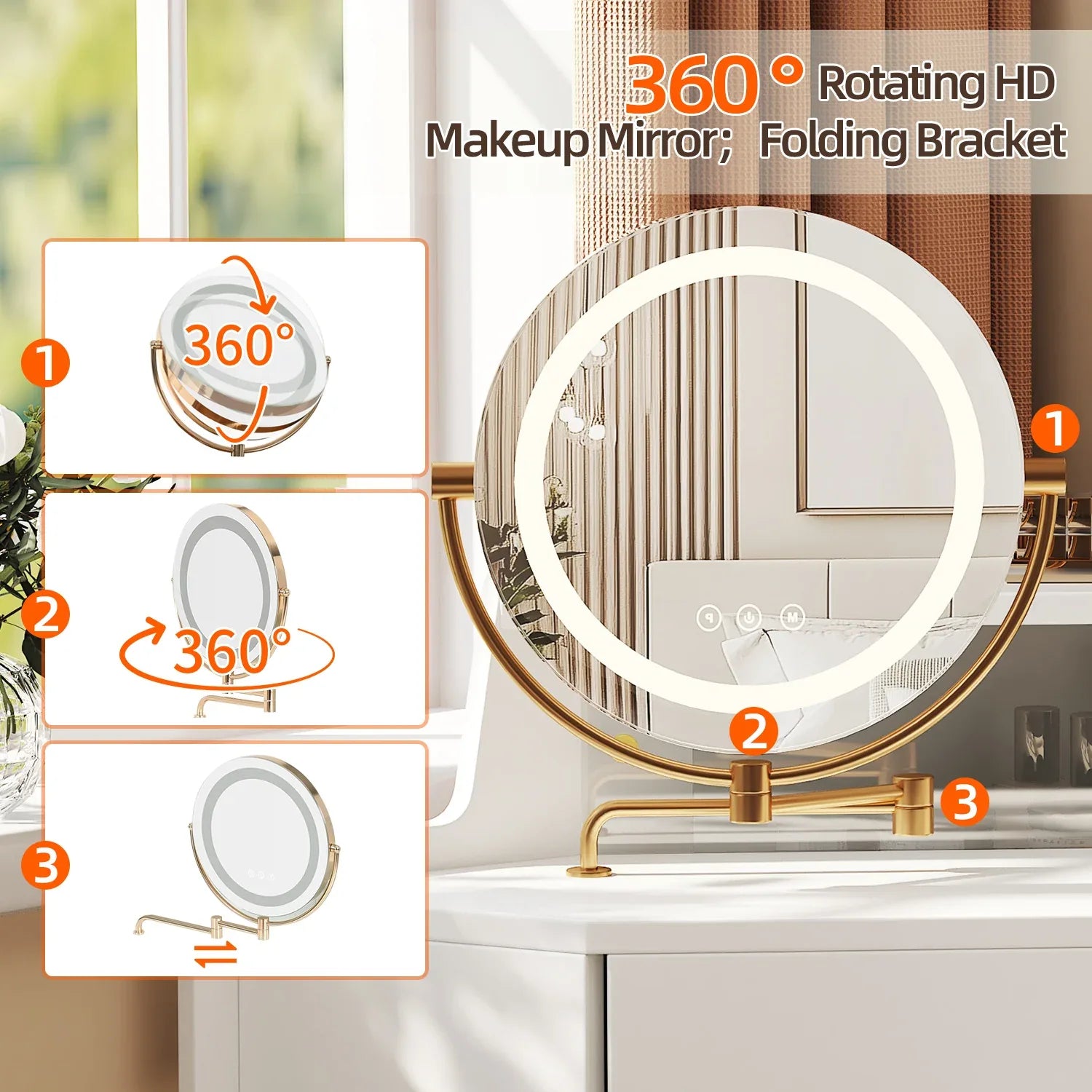 Corner Makeup Vanity Desk With Mirror & LED Lights, Modern Vanity Set With Mirror And Stool, Dressing Table With Large Storage For Small Place, Brightness Adjustable Folding Mirror, White - Eloy Royal