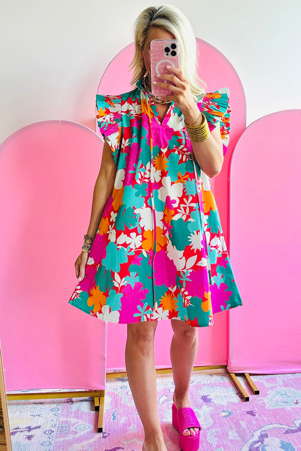 Multicolour Floral Tie Split Neck Flutter Sleeve Mini Dress - Eloy Royal