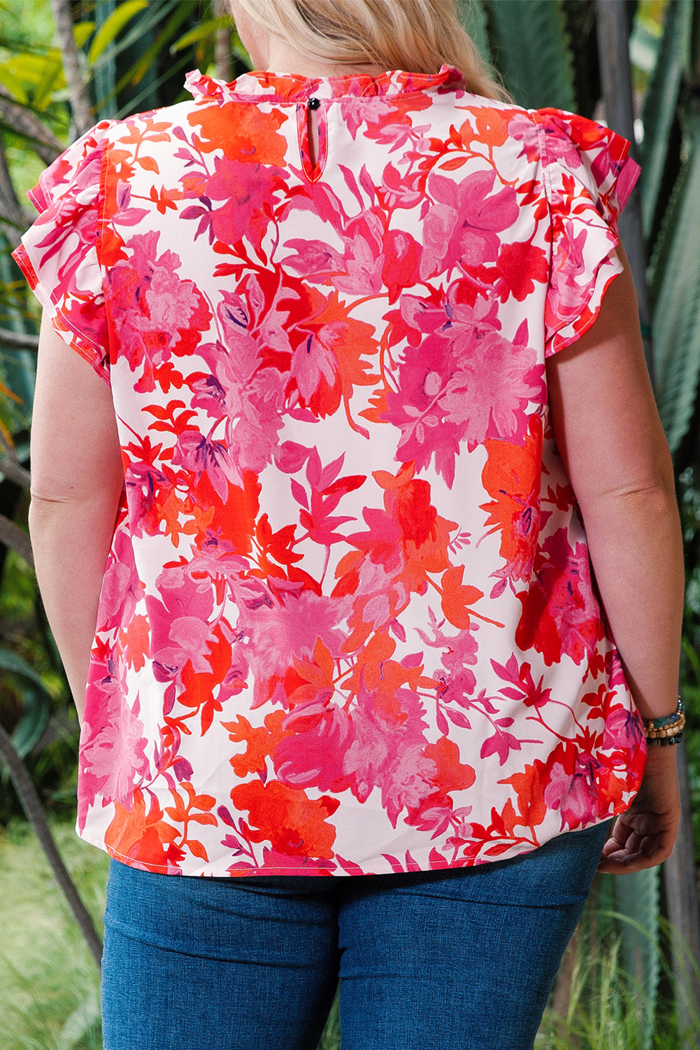 Rose Ruffle Tiered Sleeve Frill Neck Floral Plus Size Blouse - Eloy Royal