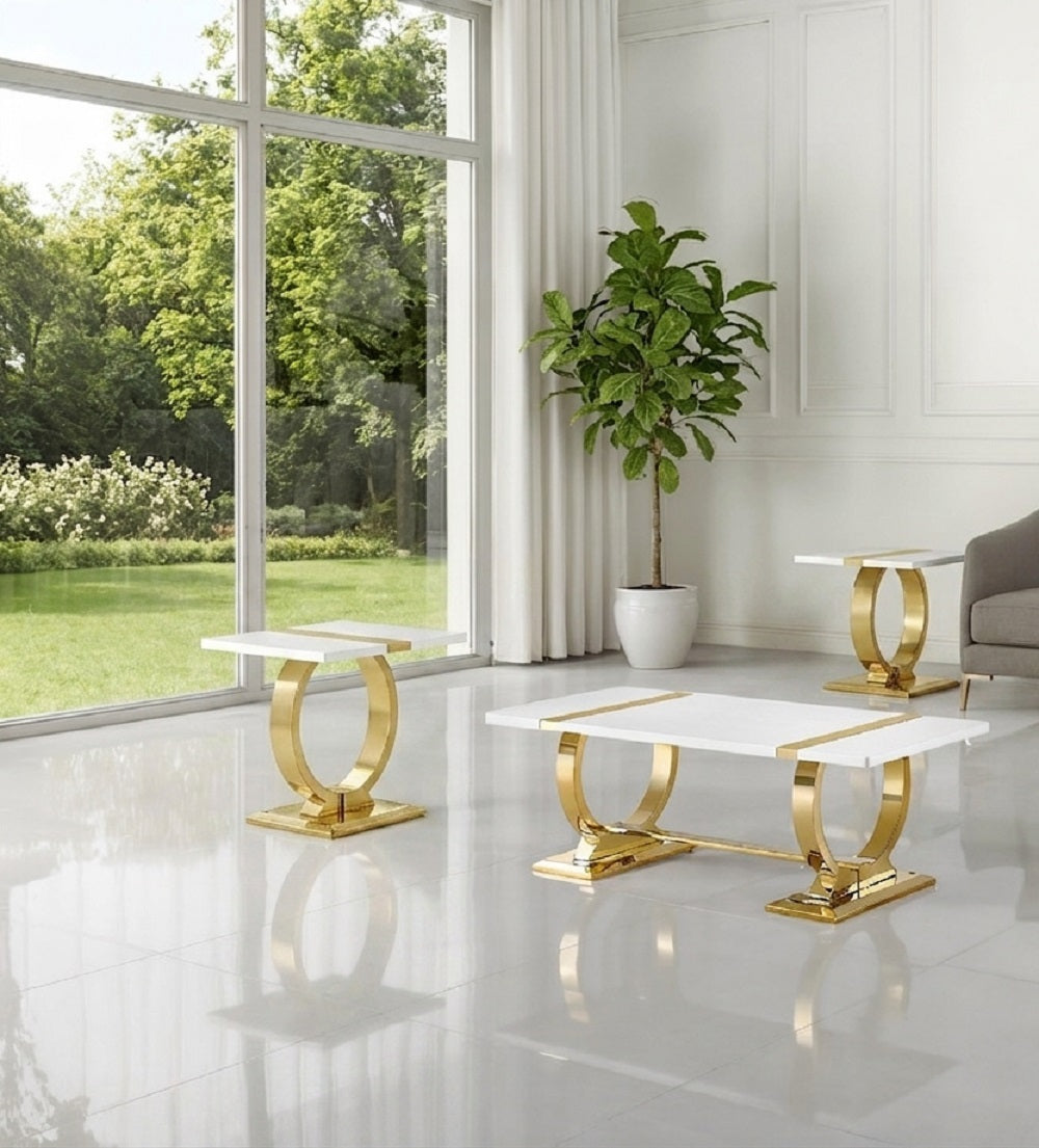 Contemporary Style 3pc Table Set 1x Coffee Table 2x End Table Trestle base Stainless Steel Gold And White Finish Luxury Living Room Furniture