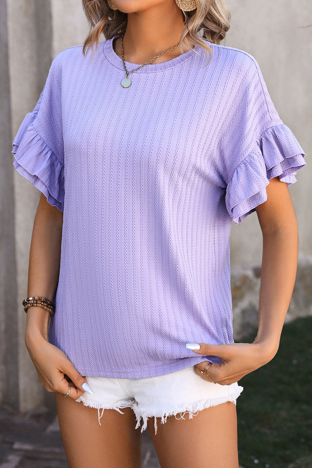 Orchid Solid Color Textured Layered Ruffle Sleeve T Shirt - Eloy Royal