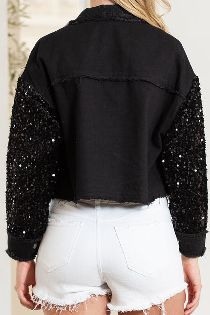 Wholesale Black Sequin Sleeve Pocketed Raw Hem Denim Jacket - Eloy Royal