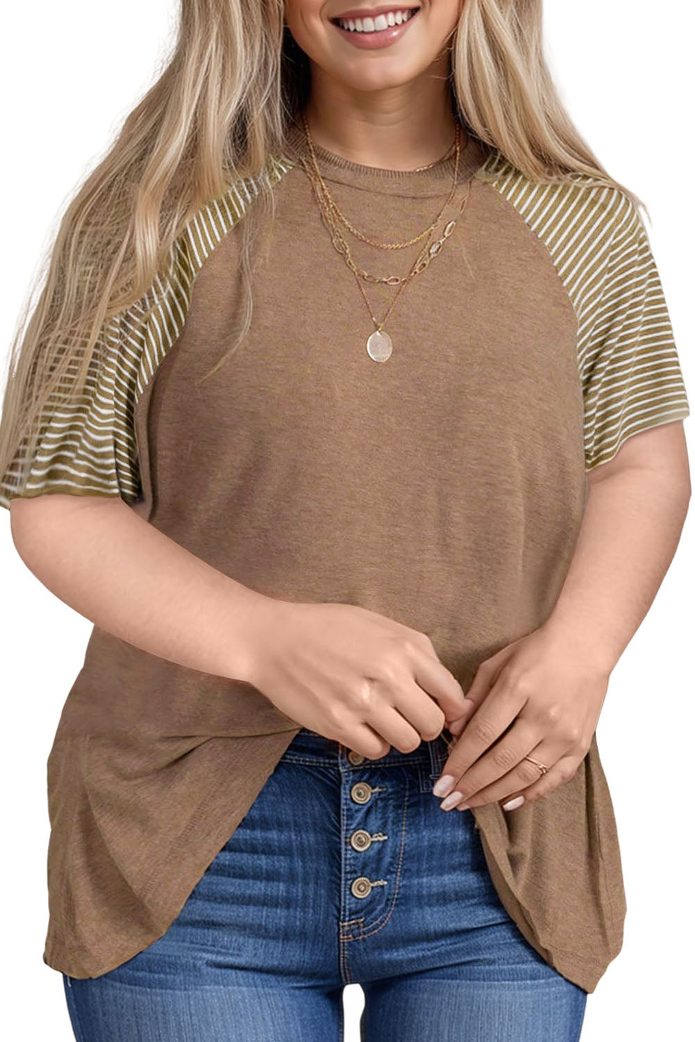 Light Beige Striped Raglan Sleeve Crewneck Plus Size T Shirt - Eloy Royal