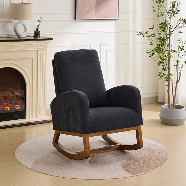 27.2'W Rocking Chair for Nursery, Polyester Glider Chair with High Back and Side Pocket, Rocking Accent Armchair with Rubber Wood Legs for Living Room/Bedroom.Black