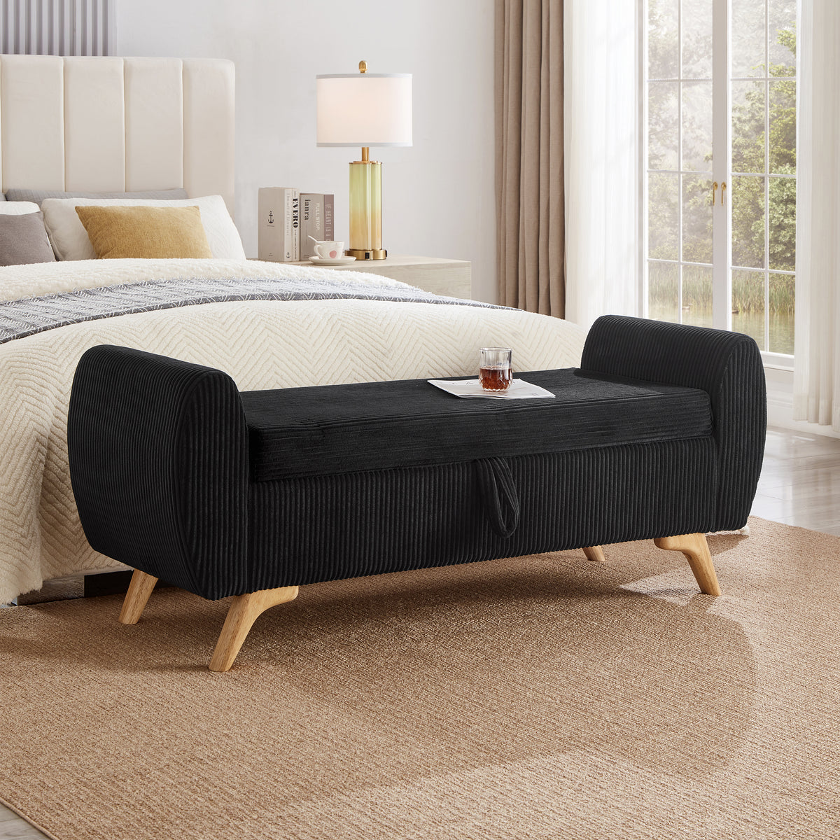 57'Modern Design Corduroy Upholstered with Storage Bed Bench,Wood Legs Bench for Bed Room,Hall Way Black