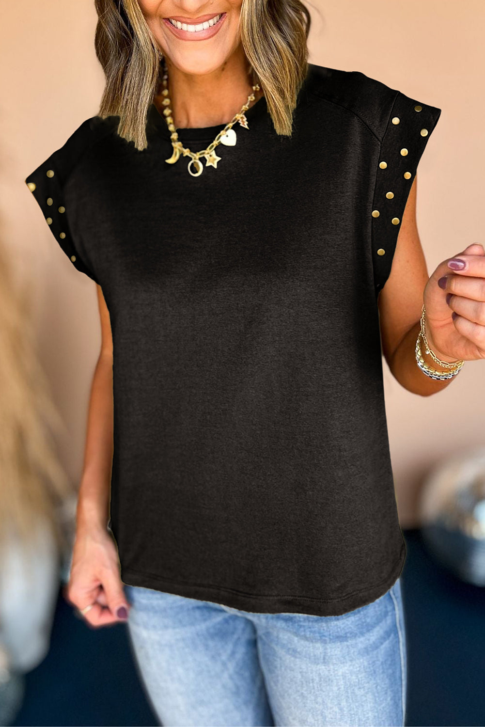 Dark Grey Casual Studded Round Neck T Shirt - Eloy Royal