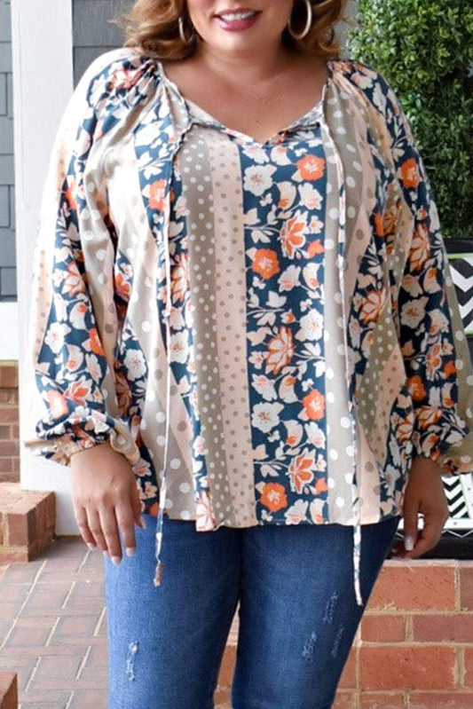 Multicolor Plus Size Mixed Print Split Neck Blouse - Eloy Royal