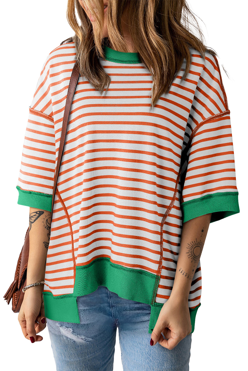 Pink Stripe Colorblock Drop Sleeve Loose Top - Eloy Royal