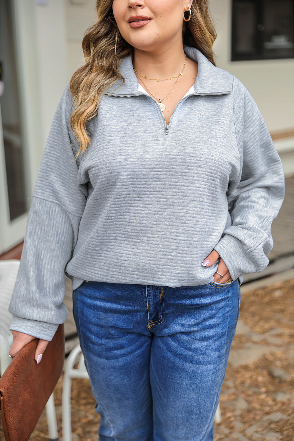 Light Plus Size Grey Quarter Zipper Collared Ribbed Knit Top - Eloy Royal