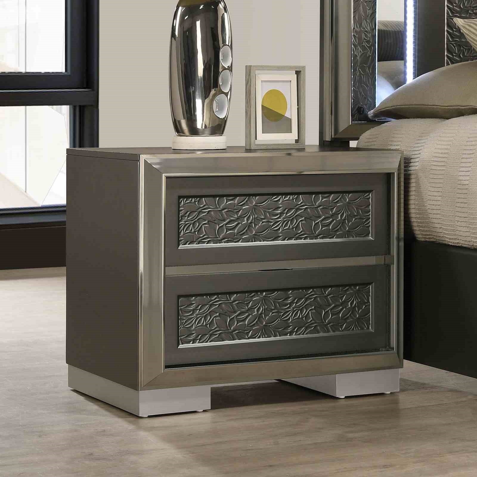 Contemporary Style 1pc Nightstand Leaf Pattern Molding Bracketed Feet Metal Side Glide Dark Gray Finish Bedroom Furniture
