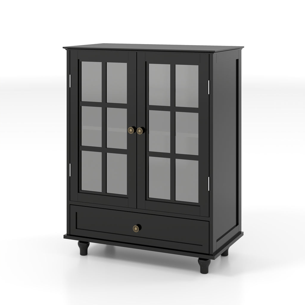 Minimalist Buffet Cabinet with Double Glass Doors and Drawer, Modern Wooden Storage Sideboard in Black