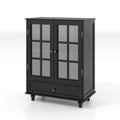 Minimalist Buffet Cabinet with Double Glass Doors and Drawer, Modern Wooden Storage Sideboard in Black