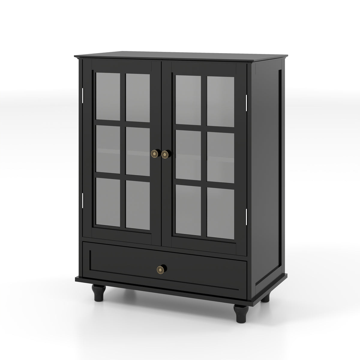 Minimalist Buffet Cabinet with Double Glass Doors and Drawer, Modern Wooden Storage Sideboard in Black