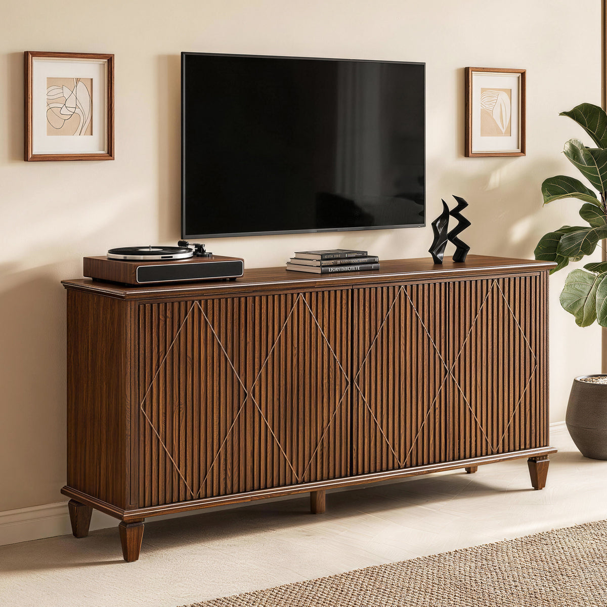 58' Mid Century Modern TV Stand, Wood Storage Cabinet with Carved Geometric Doors, 4 Door Media Console, Sideboard Buffet Cabinet for Living Room, Dining Room, Entryway 
WLRR