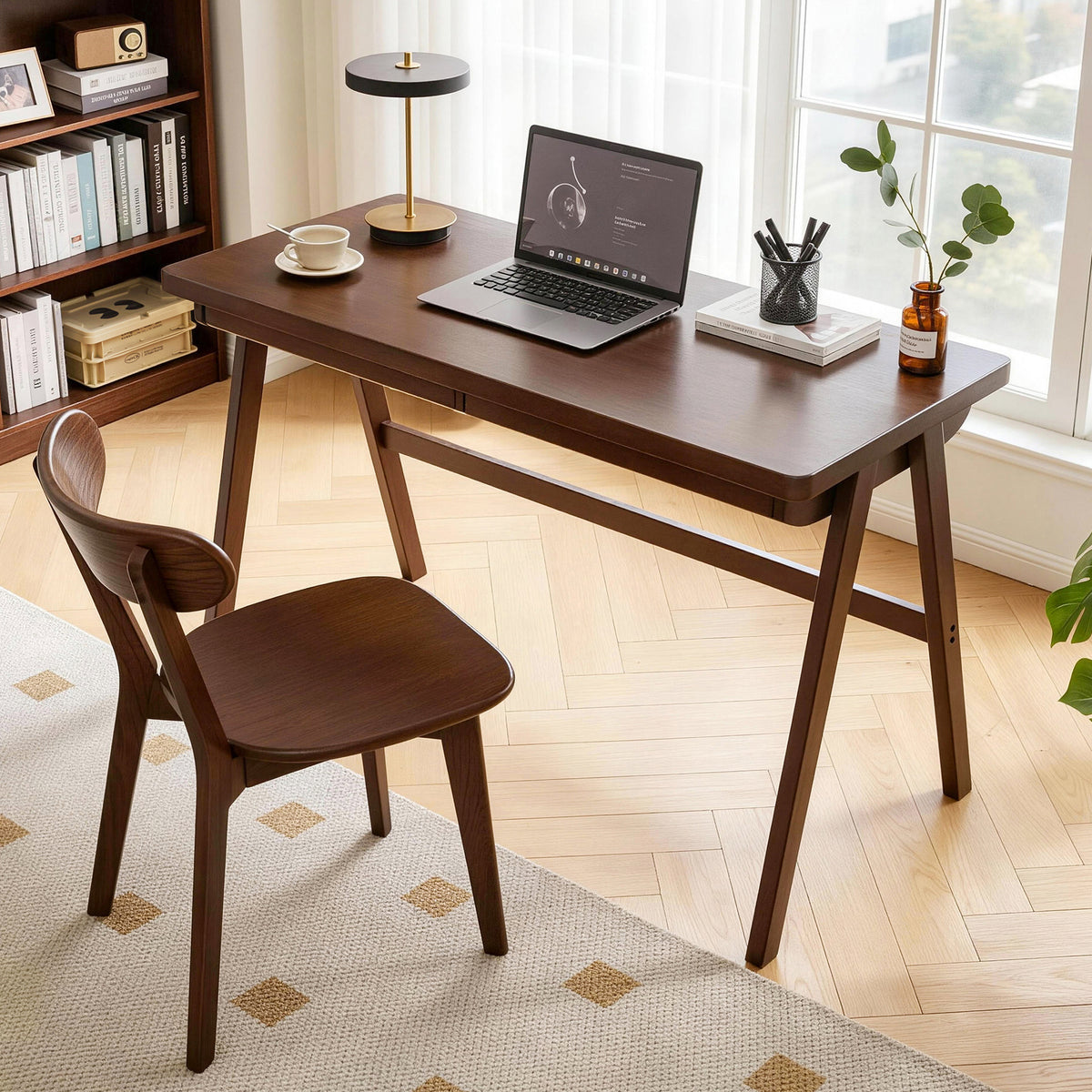 100% Solid Rubber Wood Computer Desk, Retro Walnut Writing Desk with Drawer, Sturdy A-Frame Leg, 39.37'×21.62', 1.38' Extra Thick Home Office Study Table