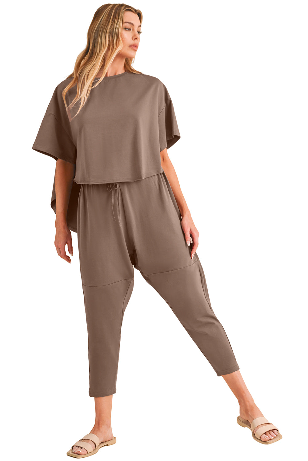 Taupe Batwing Sleeve High Low Tee and Drawstring Crop Pants Set - Eloy Royal