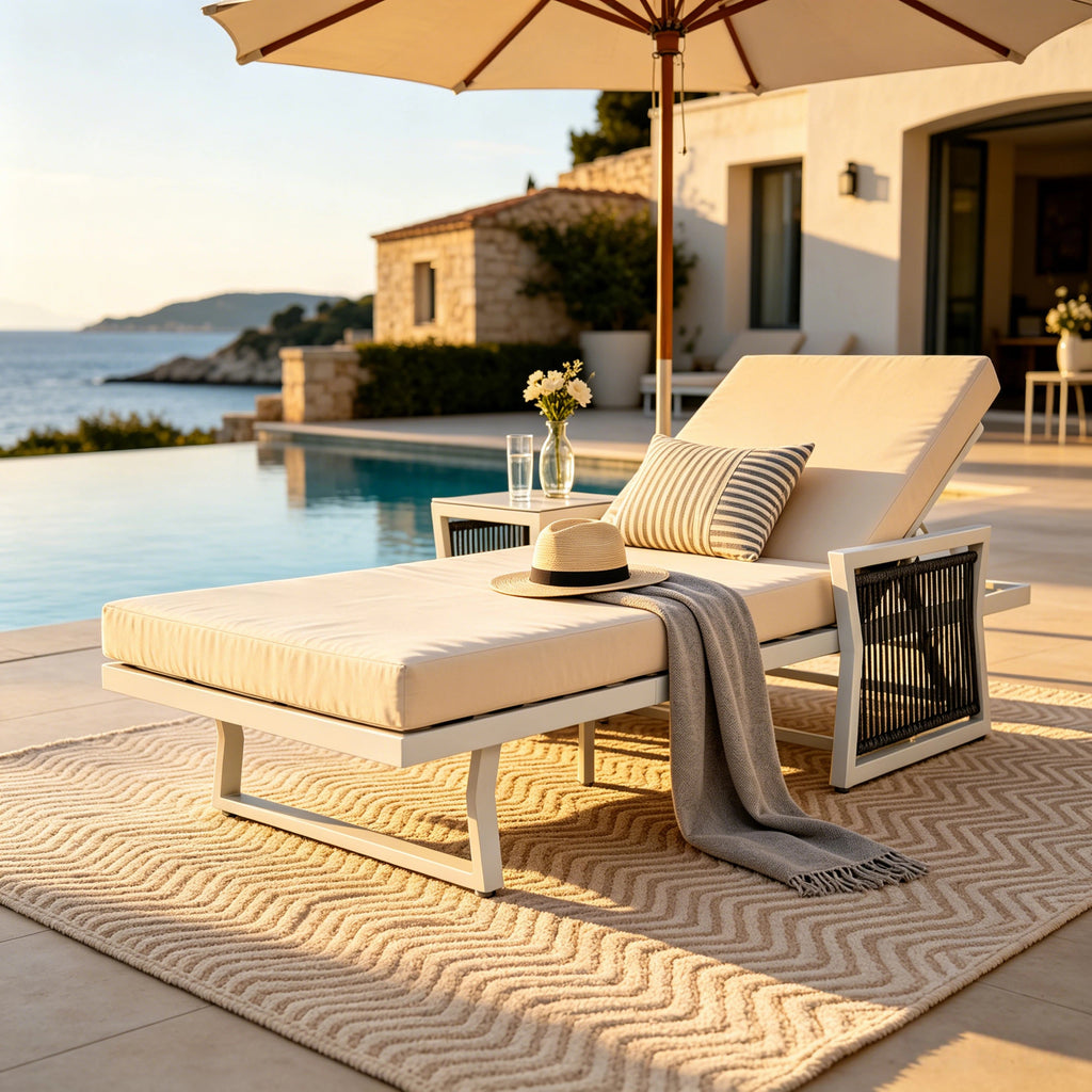 White Iron Outdoor Chaise Lounger with Black Rope Armrests & Cream 4' Foam Cushion, 5-Position Adjustable Recliner, Water Resistant Cushion, 400 LBS Capacity for Patio Pool Backyard
