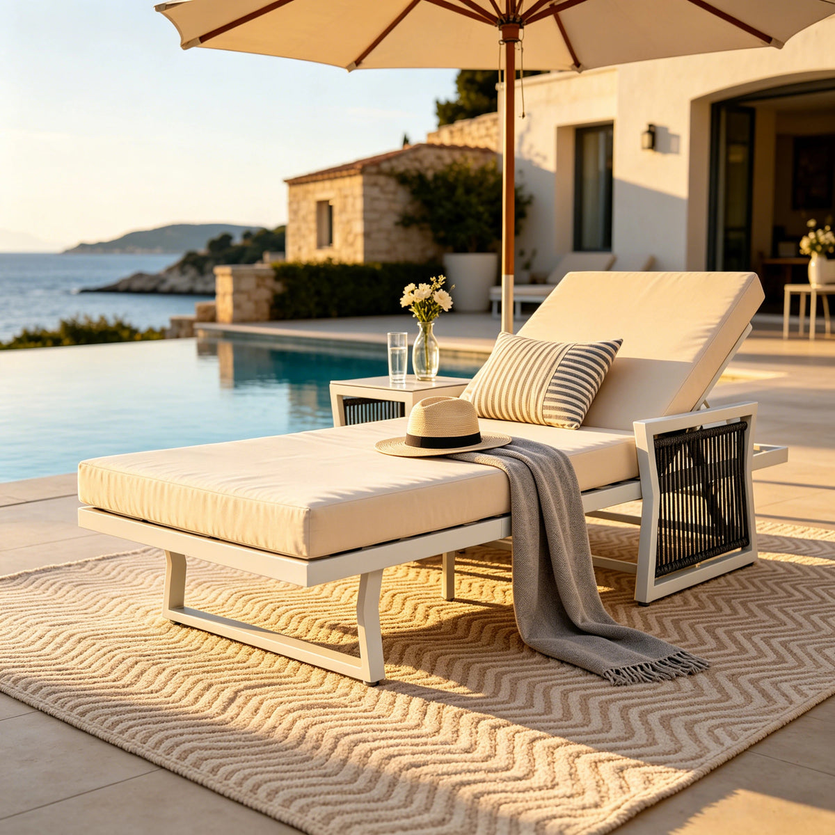 White Iron Outdoor Chaise Lounger with Black Rope Armrests & Cream 4' Foam Cushion, 5-Position Adjustable Recliner, Water Resistant Cushion, 400 LBS Capacity for Patio Pool Backyard