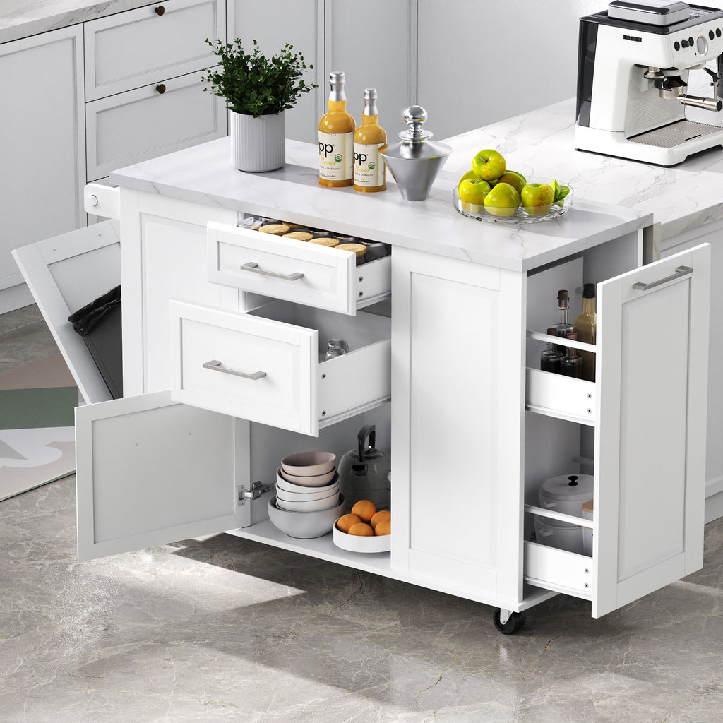 K&K 50.7' Kitchen Island with Storage Tilt Trash Can Cabinet and Pull Out Cabinet Organizer, Rolling Kitchen Island on 5 Wheels with Drop Leaf, 2 Drawers, 1Door for Kitchen, Dining Room, White