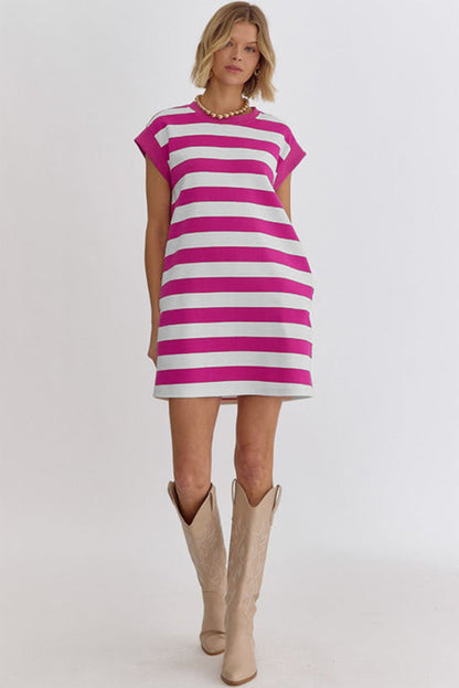 Rose Stripe Cap Sleeve Pocketed T-shirt Dress - Eloy Royal