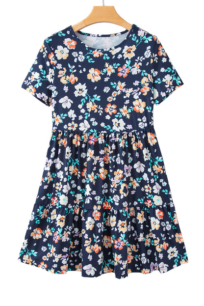 Blue Boho Floral A Line Smocked Waist Mini Dress - Eloy Royal