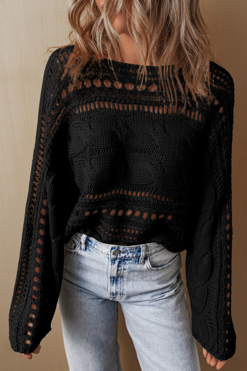 Blackish Green Hollow Out Cable Knit Cropped Sweater