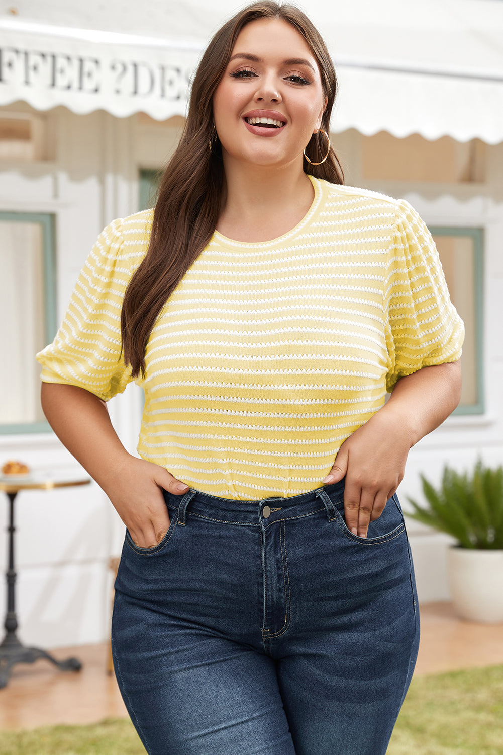 Yellow Stripe Short Puff Sleeve Plus Size Top - Eloy Royal