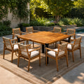 9‑Piece Acacia Wood Outdoor Dining Set, 64' Square Teak Finish Wooden Table with Metal Corner Accents & 8 Arm Chairs, Light Teak Frame with Multi‑Brown Rope Woven Backrest and Beige Cushions for Patio