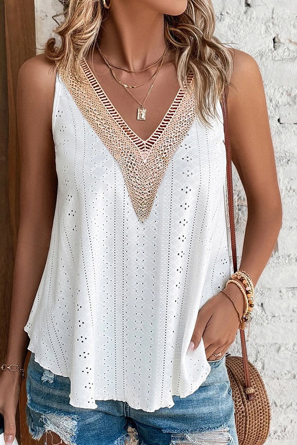 White Lace Crochet Splicing Eyelet V Neck Tank Top - Eloy Royal