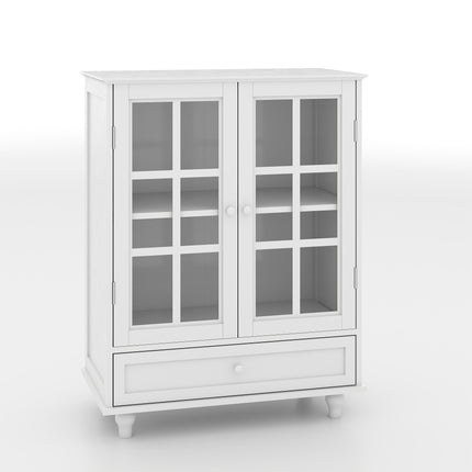 Minimalist White Buffet Cabinet with Double Glass Doors and Drawer, Modern Wooden Storage Sideboard Cupboard for Living room, Dining Room Hallway Entryway