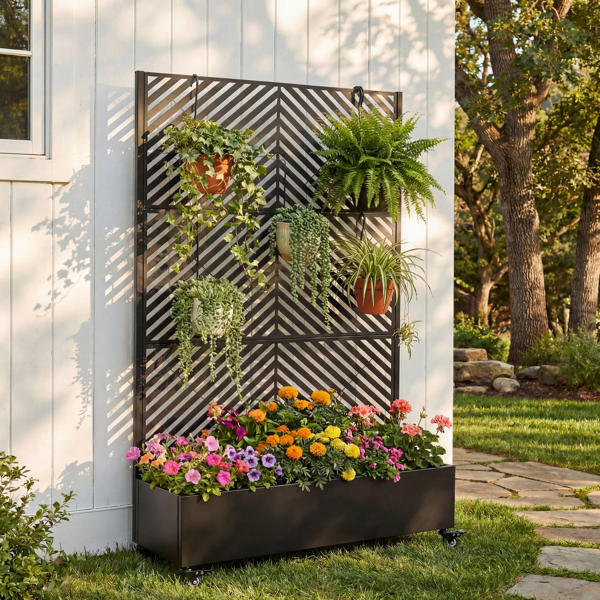 Metal Raised Garden Bed with Wheels and Trellis,73'x47'x16' Planter Box for Climbing Plants, Vegetables & Vines, Features Privacy Screen and Drainage Holes