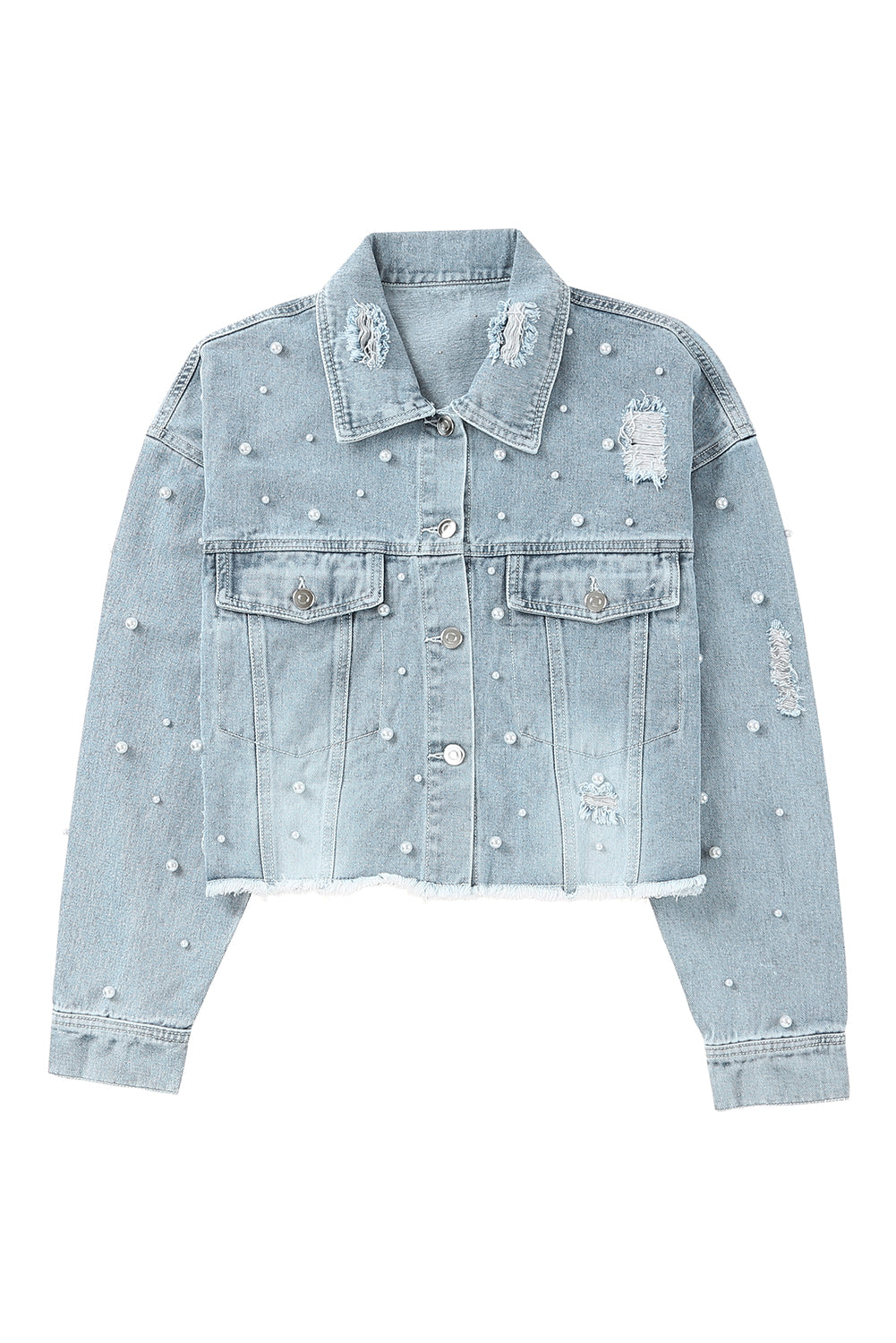 Wholesale Sky Blue Pearls Beading Cropped Denim Jacket - Eloy Royal