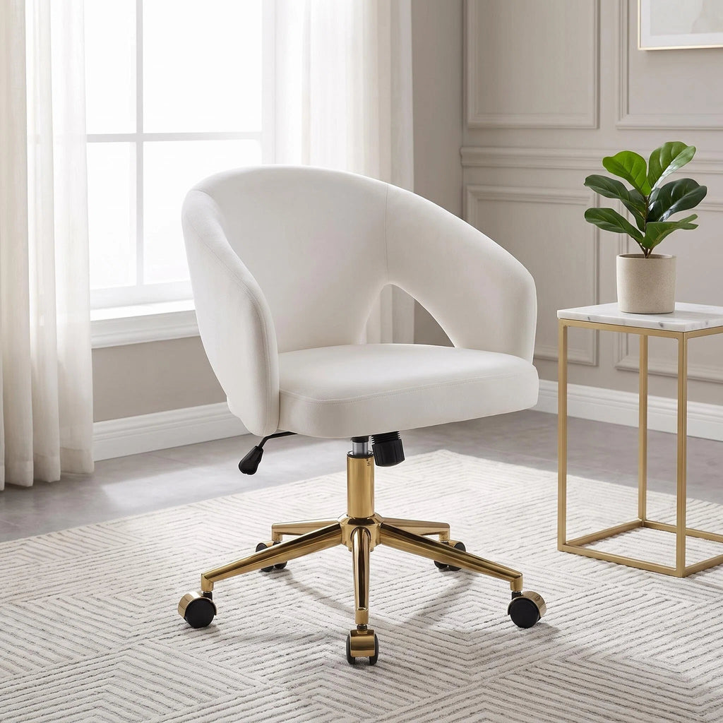 TY Ergonomic Office Chair with Gold Base, White Velvet Upholstery, Adjustable for Home or Bedroom Use