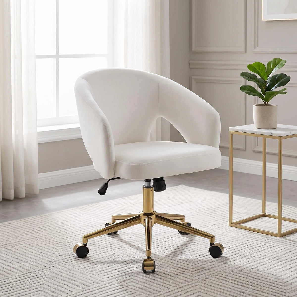 TY Ergonomic Office Chair with Gold Base, White Velvet Upholstery, Adjustable for Home or Bedroom Use