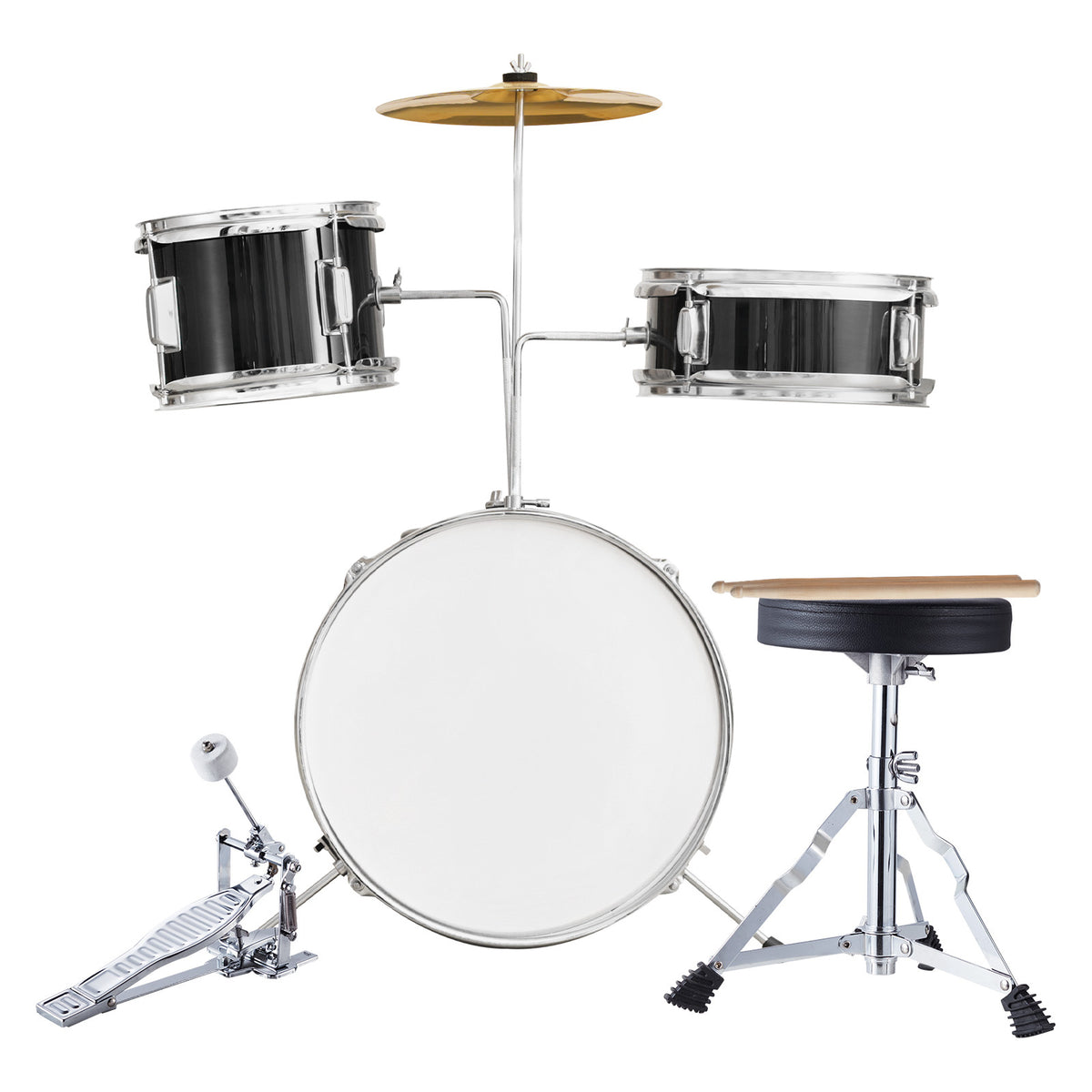 Kids Drum Set, 3-Piece, 14 in Beginner Drum Set with Adjustable Throne Cymbal Pedal Two Pairs of Drumsticks, 8'' Tom Drum 10'' Snare Drum 14'' Bass Drum, Starter Drum Kit for Child Kids, Black