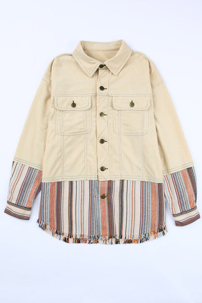 Wholesale Beige Button Up Pockets Striped Color Block Corduroy Jacket - Eloy Royal