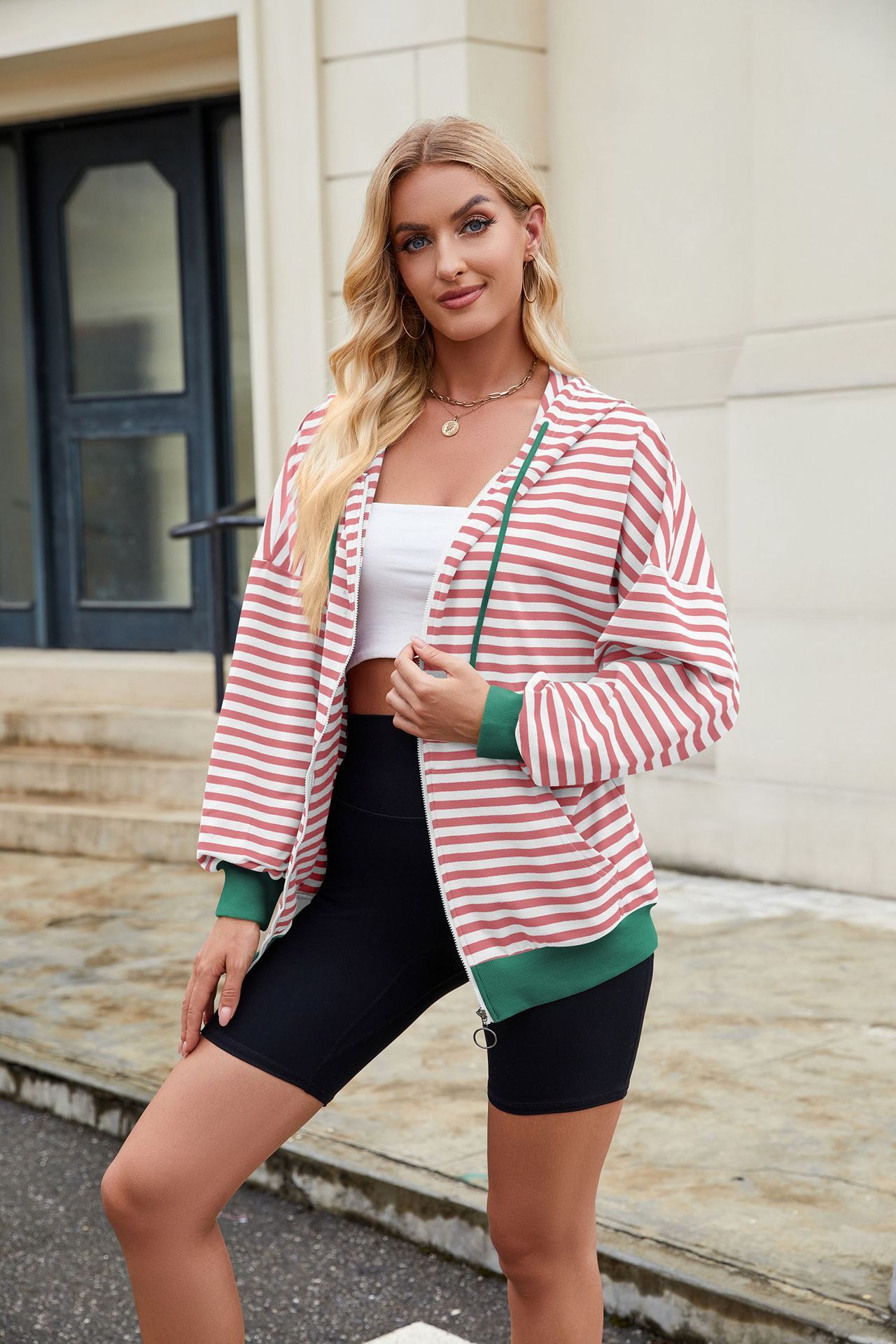 Striped Zipper Hooded Sweatshirt Fashion Loose Pockets Long-sleeved Jacket For Women Tops