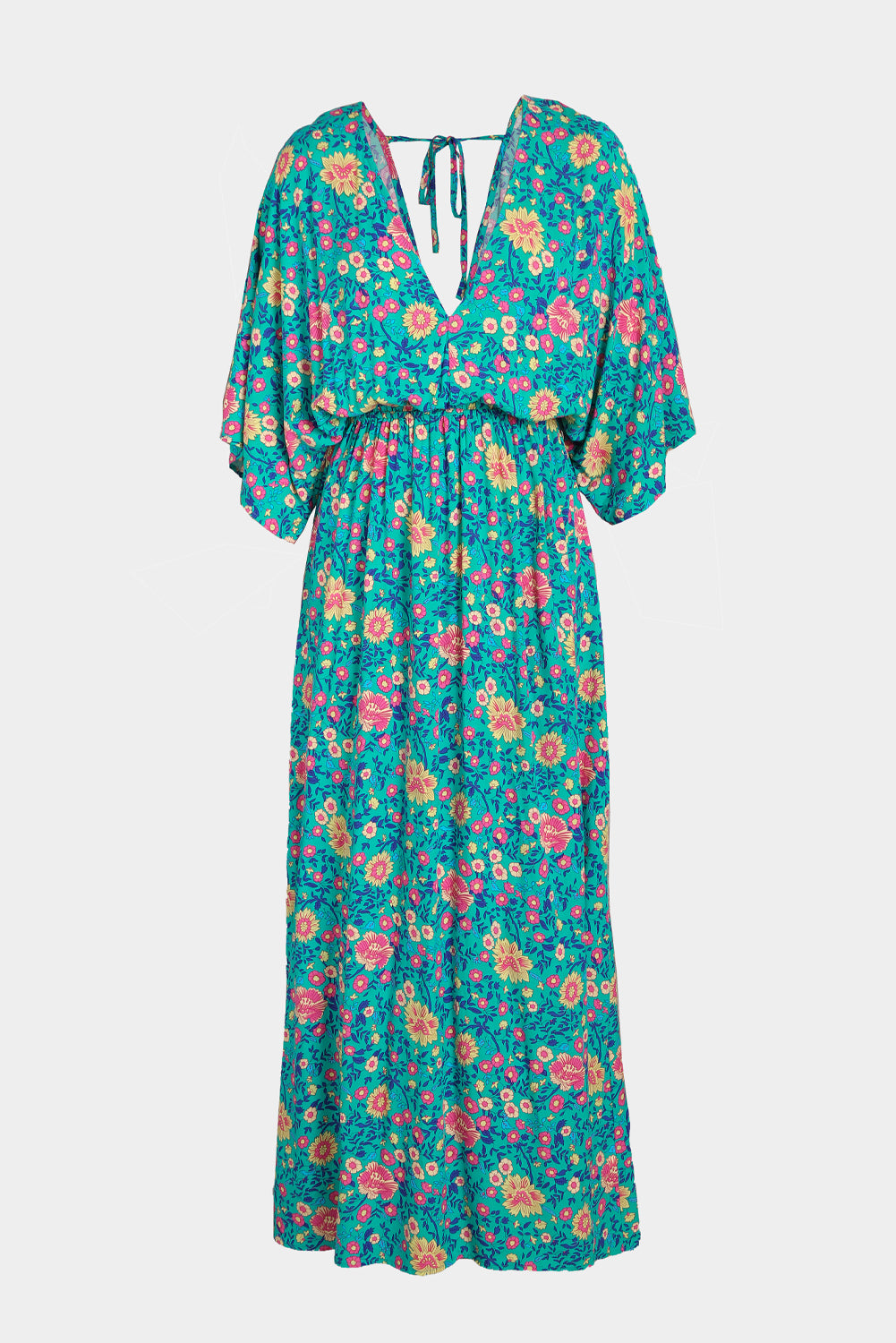 Floral Print Deep V Neck Flutter Sleeve Boho Maxi Dress - Eloy Royal