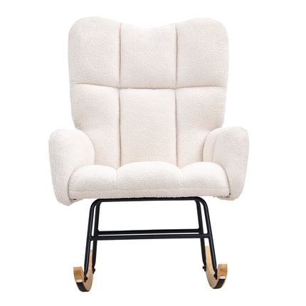 Rocking Chair Nursery, Glider Rocking Chair with Soft Seat and High Backrest, 250 lbs Weight Capacity Teddy Fabric, Upholstered Glider Rocker Chair for Nursery, Bedroom, Living Room, Ivory White