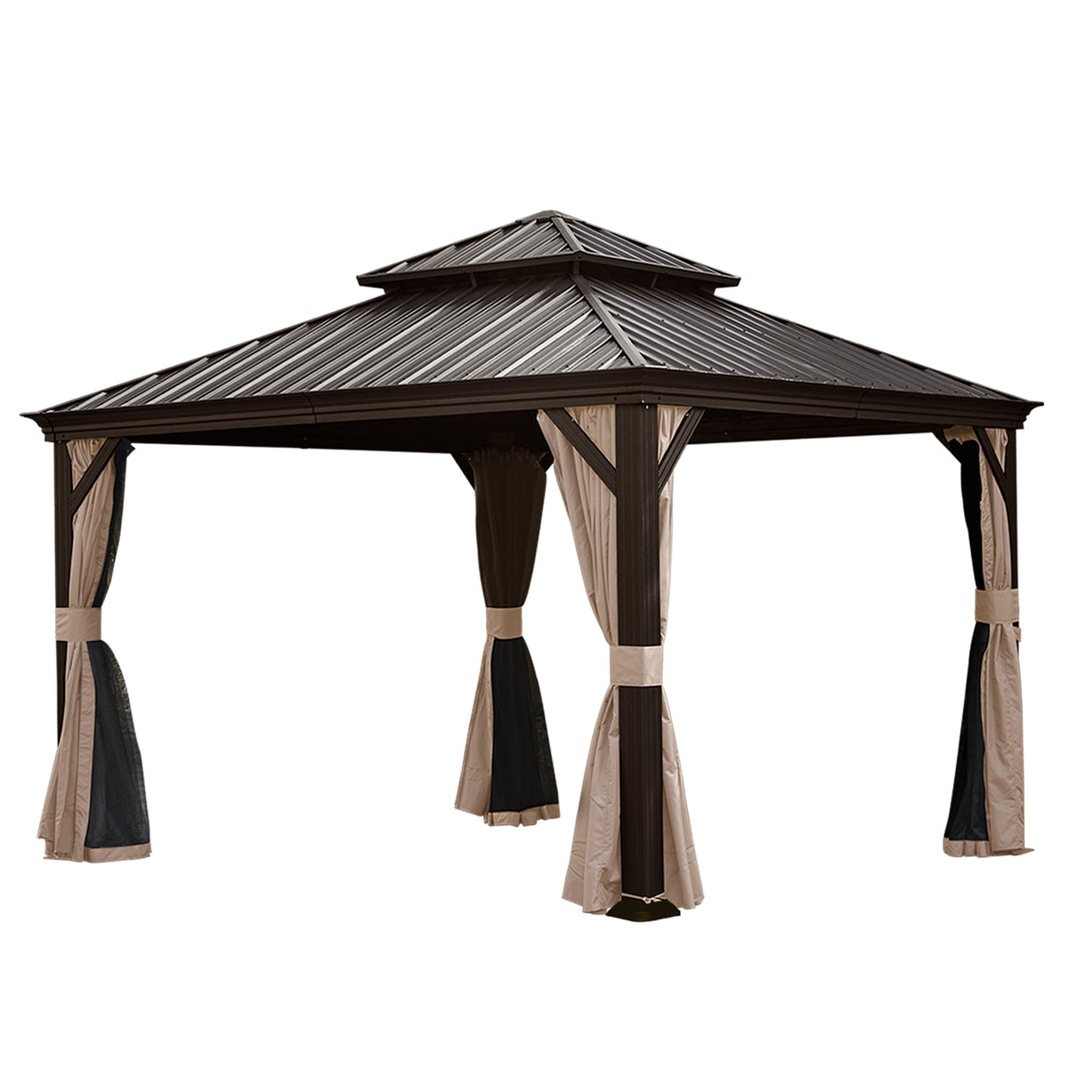 12' X 12' Hardtop Gazebo, Upgraded Metal Gazebo with Drainage System, Dual-Layer Galvanized Steel Roof, Curtain and Netting, Outdoor Shelter Canopy for Patio, Garden, and Backyard, Brown