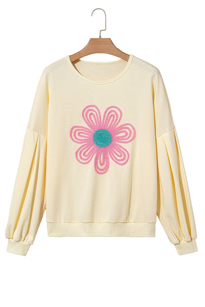 Beige Cute Tinsel Flower Puff Sleeve Sweatshirt