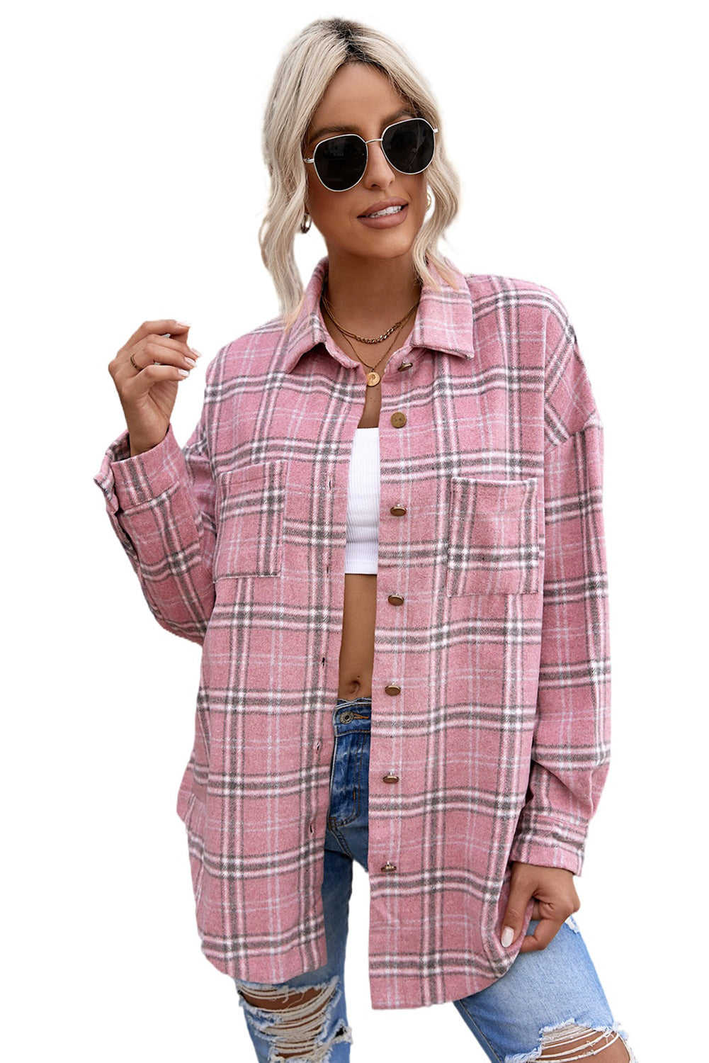 Wholesale Pink Plaid Casual Button Up Shirt Shacket with Slits - Eloy Royal