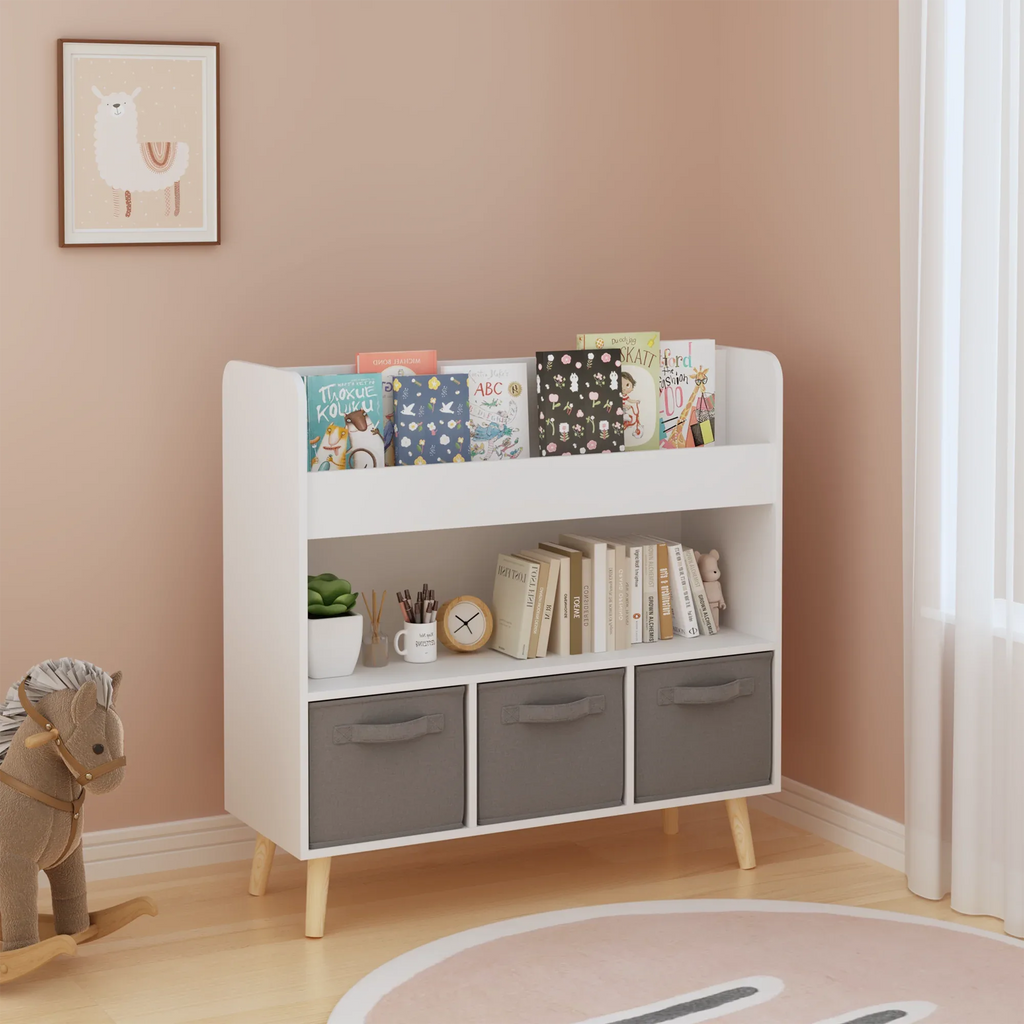Modern Kids Bookshelf with 3 Fabric Bins, White and Gray Storage Shelf for Toys and Books, Ideal for Playroom, Bedroom, or Nursery - Eloy Royal