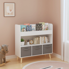 Modern Kids Bookshelf with 3 Fabric Bins, White and Gray Storage Shelf for Toys and Books, Ideal for Playroom, Bedroom, or Nursery - Eloy Royal