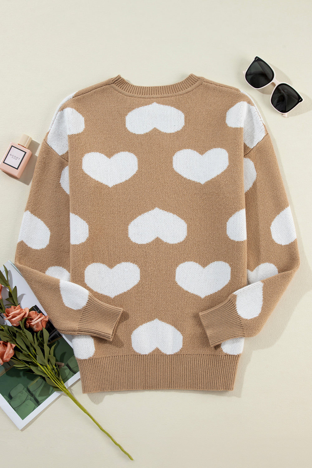 Khaki Heart Pattern Round Neck Sweater